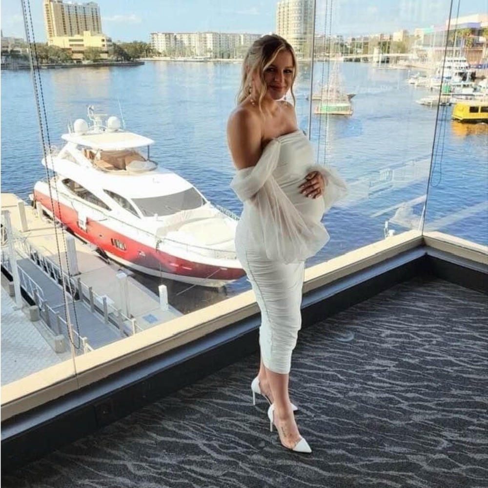 Club L London | White Maternity Bardot Ruched Draped Midi Dress